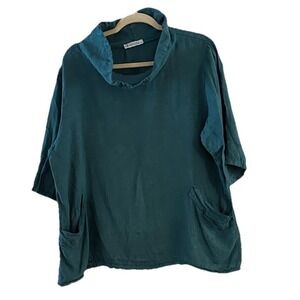 Liabella Linen Top OS Blue Green Cowl Neck Boxy Lagenlook Artsy Oversize Italy